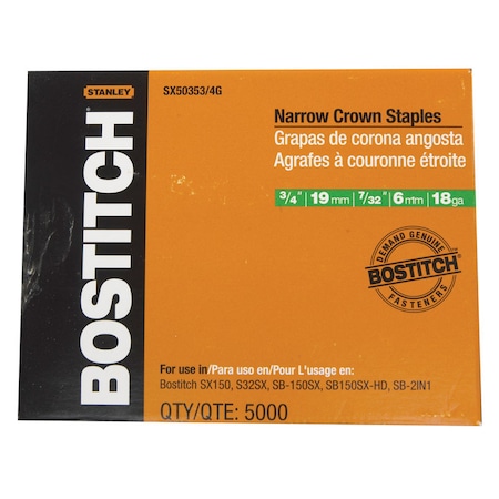 Bostitch Staples, 18 ga, Narrow Crown, 3/4 in Leg L, Steel, 5000 PK SX50353/4G
